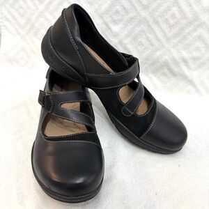Clarks Black Leather Flats with Strap